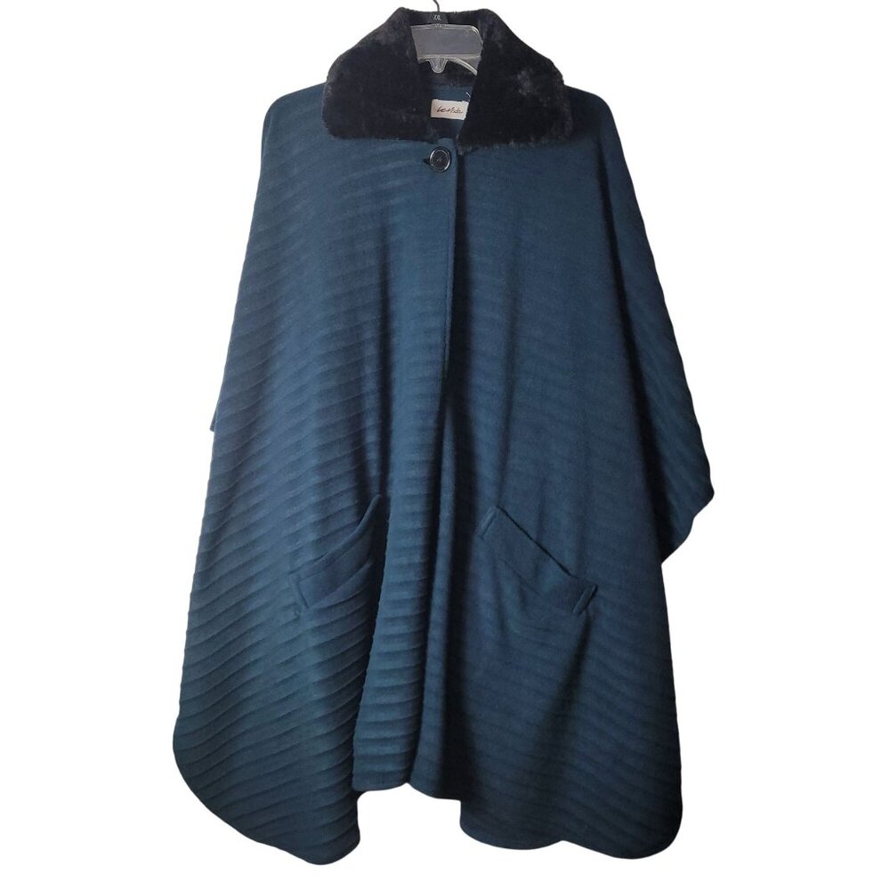 Le Moda Teal Cape With Faux Fur Collar & Button Closure - Picture 8 of 11